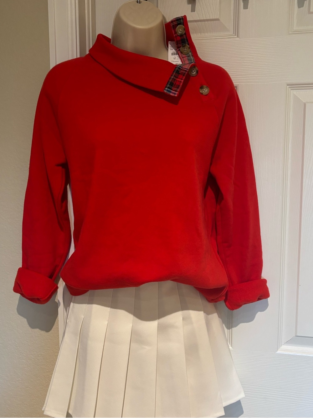J. Crew NWT Red Button Collar and Plaid Accent Sweatshirt